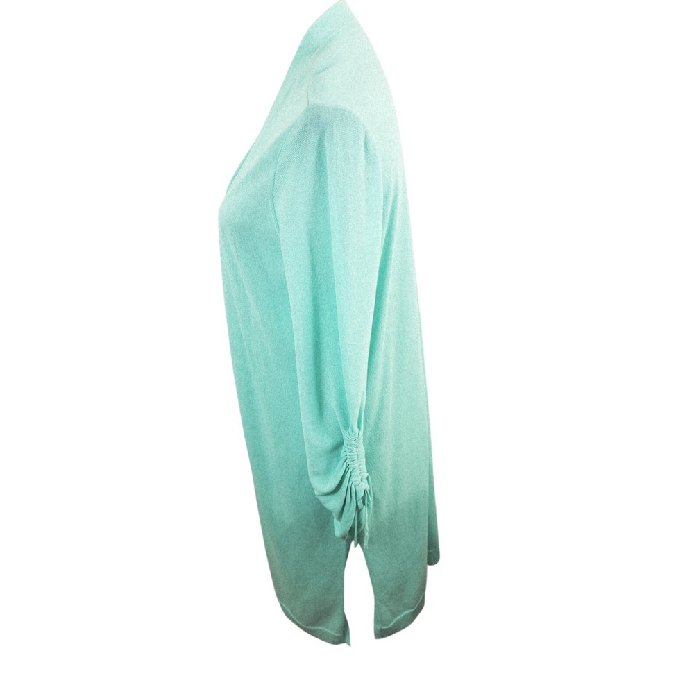 Chico's 2 Seafoam Green Open Front Longline Cardigan Sweater Ruched Sleeve Sz L - Picture 4 of 8